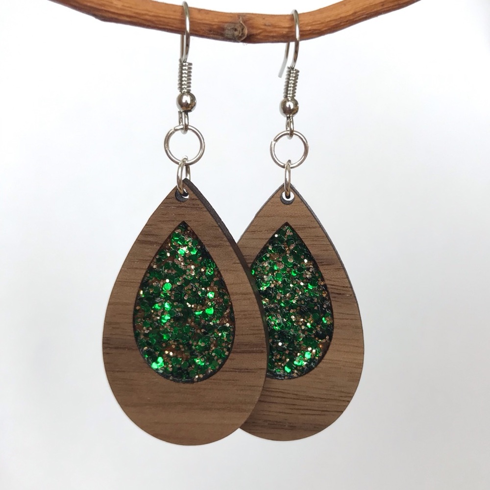 Gold and Green Wood Earrings